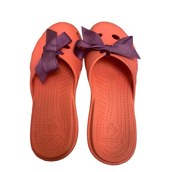 CROCS Shoes - Crocs Audrey Slip on Women Size 6 Pink Slide on Mule with Purple Bow